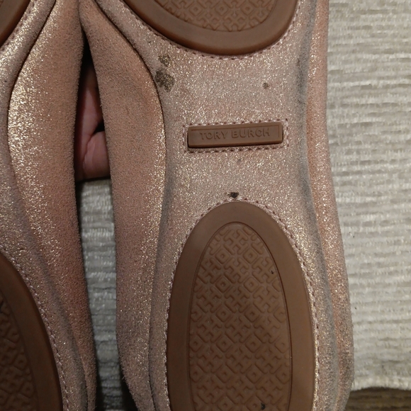 Tory Burch Minnie Travel Flats Sparkle Pink Metallic Leather 7.5 Pave Logo GUC - Picture 3 of 5